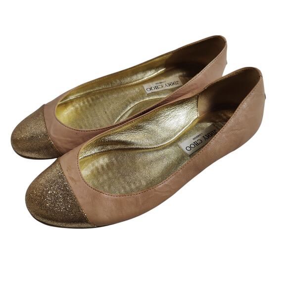 Jimmy Choo Sz 40 (US 10) Pink Gold Metallic Sparkle Cap Toe Ballet Flat Leather - Picture 1 of 10